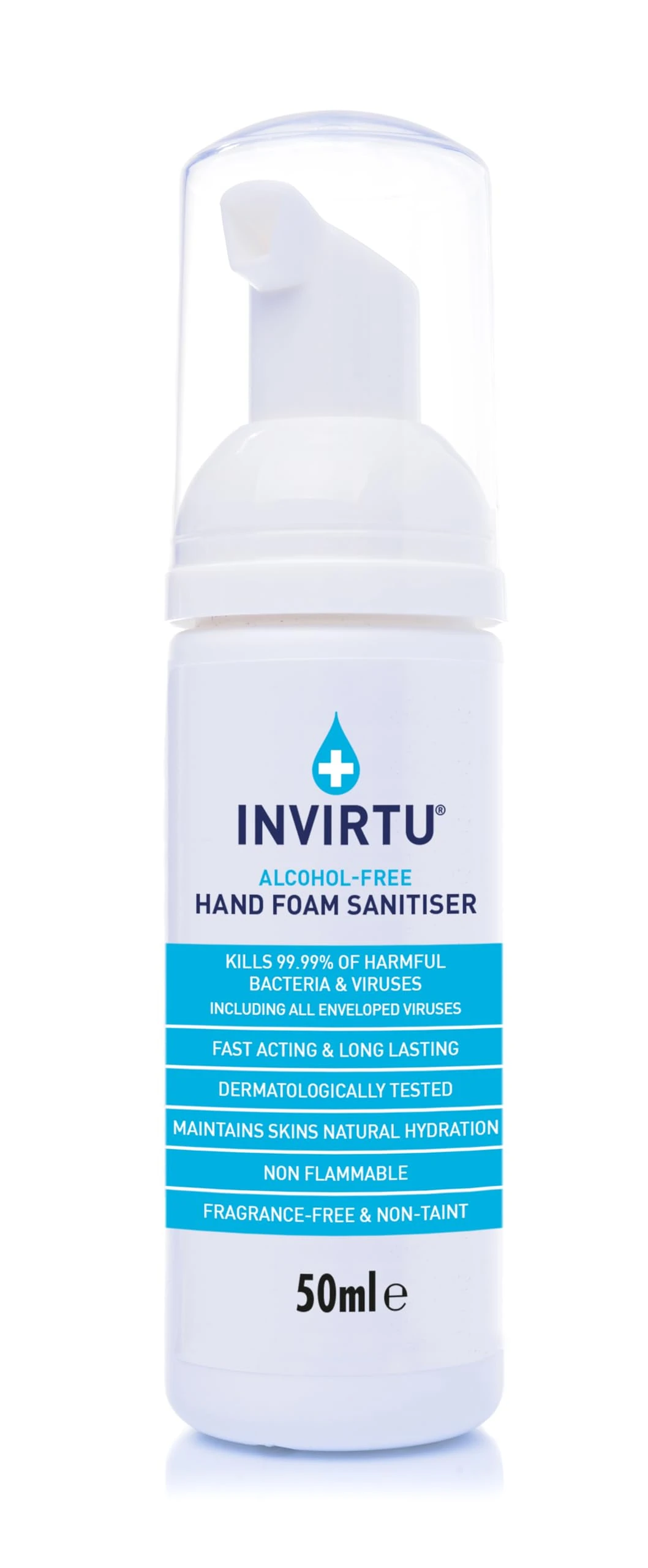INVIRTU Alcohol Free Antibacterial Hand Sanitiser Foam (50ml) - Kills 99.9% Of Bacteria & Viruses - Great Hand Sanitiser For Travel & Festivals – Non- Scented Disinfectant - Kind To Skin