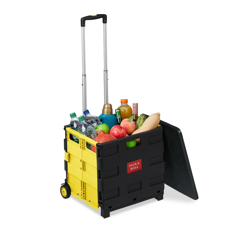 Relaxdays Shopping Trolley, Foldable, Up to 35 kg, 50 L, with Telescopic Handle, Transport Cart, 2 Wheels, Yellow/Black, 99 x 45.5 x 37.5 cm