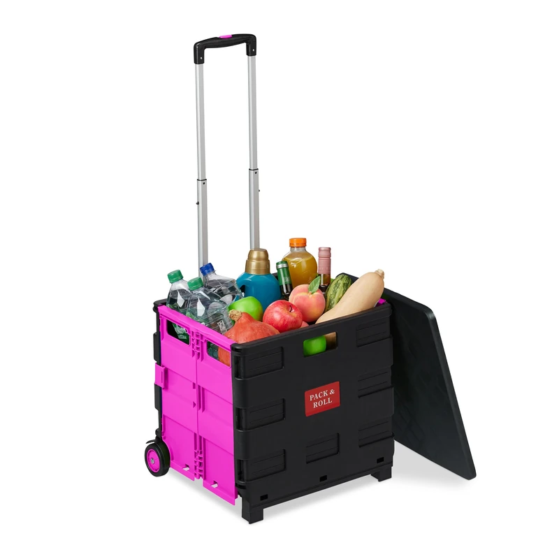 Relaxdays Shopping Trolley, Foldable, Up to 35 kg, 50 L, with Telescopic Handle, Transport Cart, 2 Wheels, Pink/Black, 99 x 45.5 x 37.5 cm