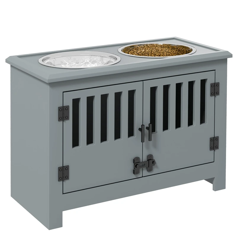 PawHut Raised Dog Bowls for Large Dogs Feeding Station w/Stand, Storage - Grey - Image 1
