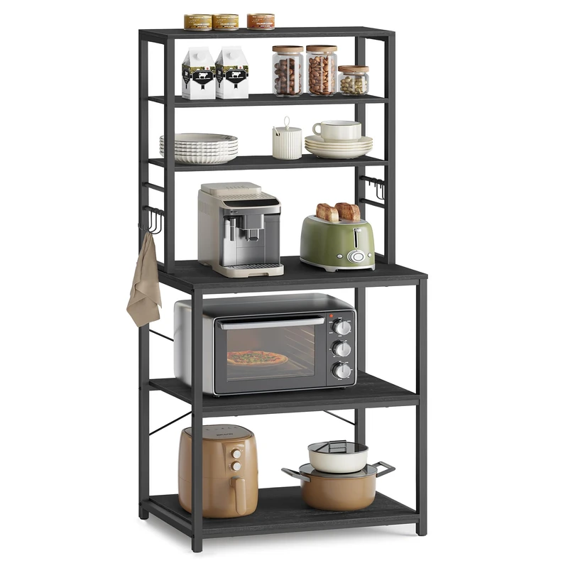 VASAGLE Kitchen Storage Rack, Coffee Bar, Baker's Rack, Total 6 Shelves and 6 Hooks, for Microwave, Steel Frame, Industrial, 40 x 60 x 167 cm, Charcoal Grey and Ink Black KKS024B22