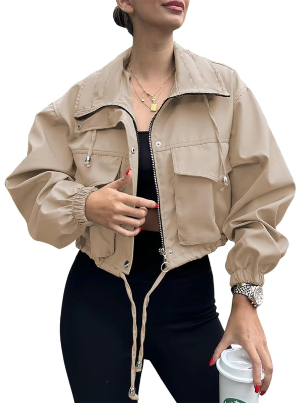 Tankaneo Womens Cropped Jacket Zip Up Lightweight Oversized Utility Anorak Coat with Pockets, Khaki, S - Image 1