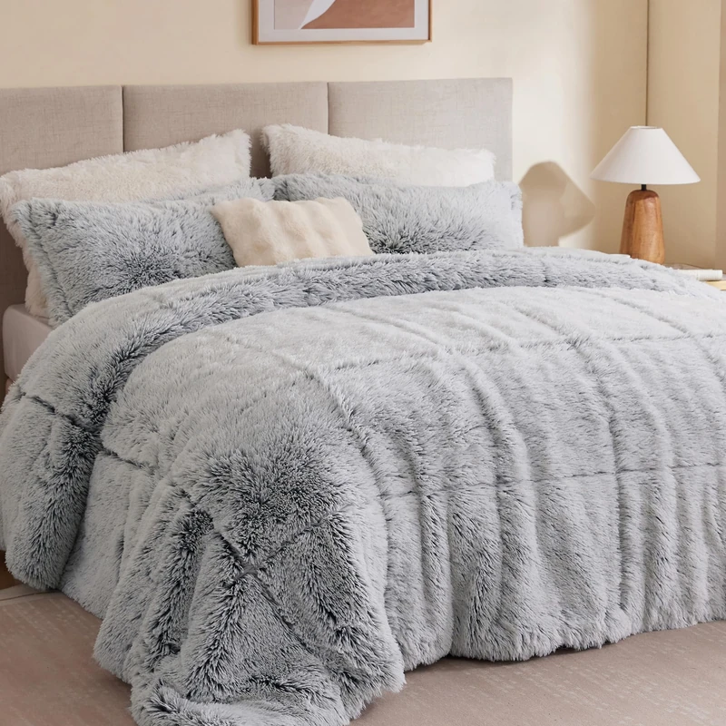 Intelligent Design Malea Shaggy Bedding Comforter Set, Long Faux Fur Cozy Down Alternative, Modern Ultra Soft All Season Warm & Fluffy Comforter, Matching Sham, Twin/Twin XL Heathered Grey 2 Piece