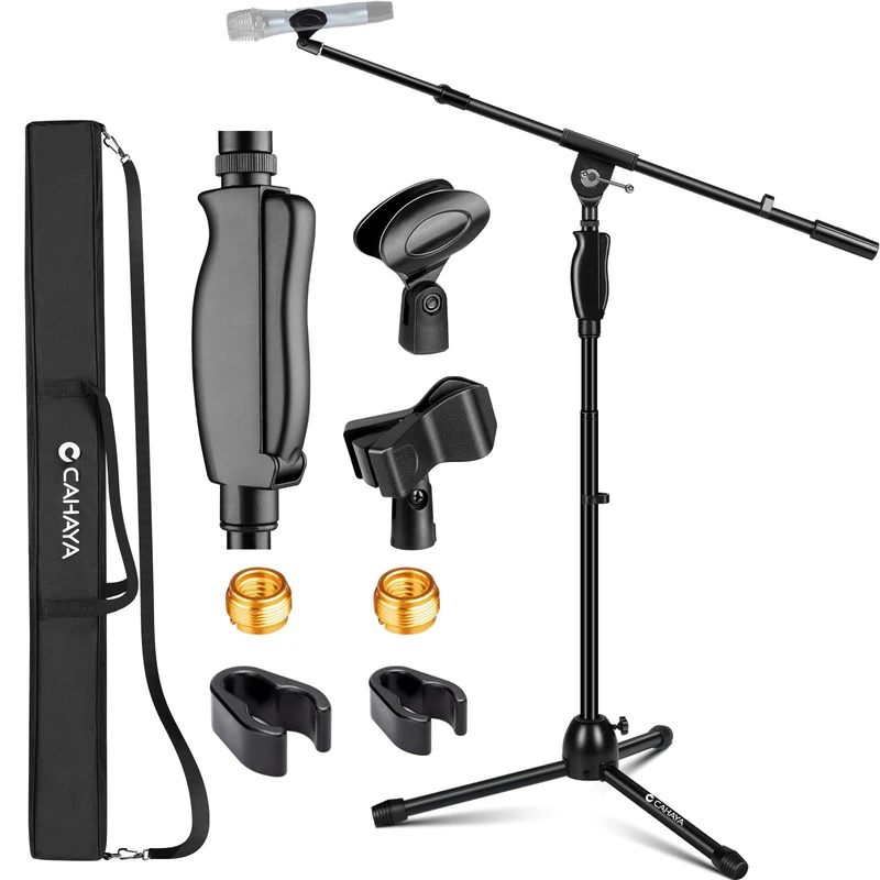 CAHAYA Upgraded Microphone Stand One-button Release: 3 in 1 Floor Microphone Stand with Boom Microphone Clips and Bag, Adjustable Tripod Microphone Holder for Stage Meetings Live Language CY0362