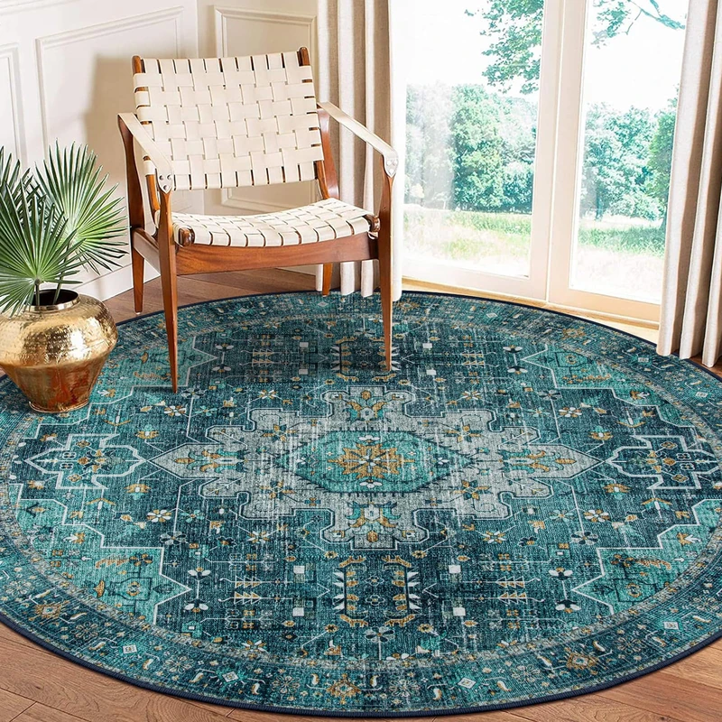 Moynesa Ultra-Thin Washable Round Rug - 6ft Teal Large Living Room Circle Area Rugs, Vintage Dining Room Mat Stain Resistant Nursery Carpet for Bedroom Mudroom Kitchen Apartment Home Office