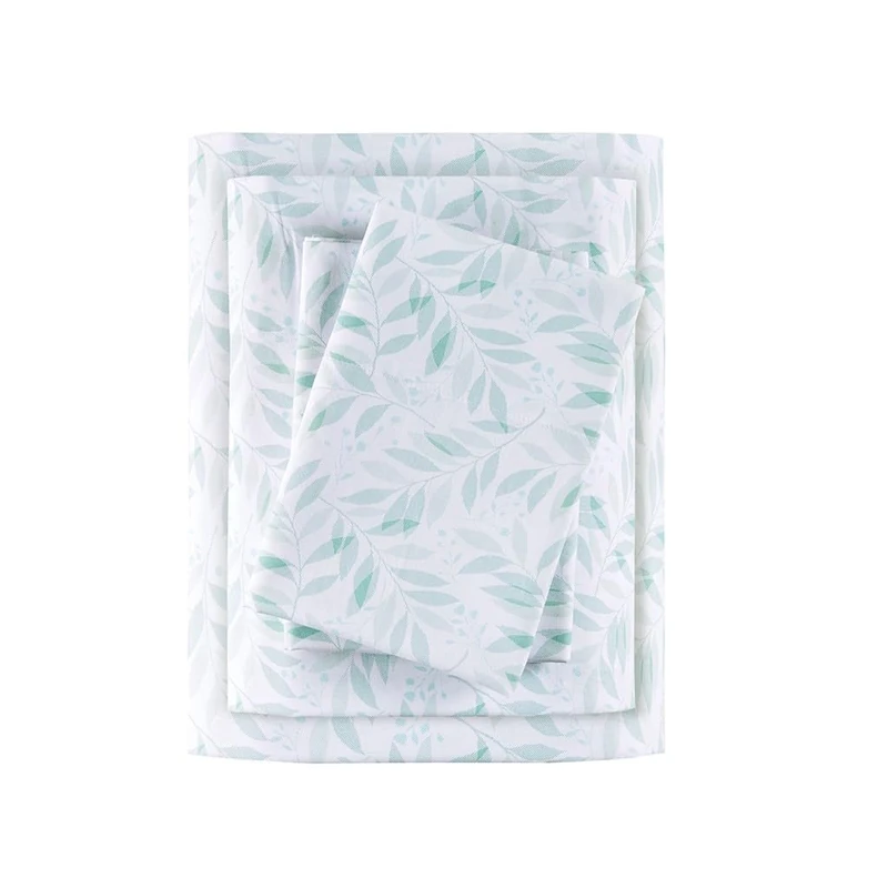 Madison Park 100% Cotton Sheets, Queen Size, 200TC, Green Leaves, 4 Piece
