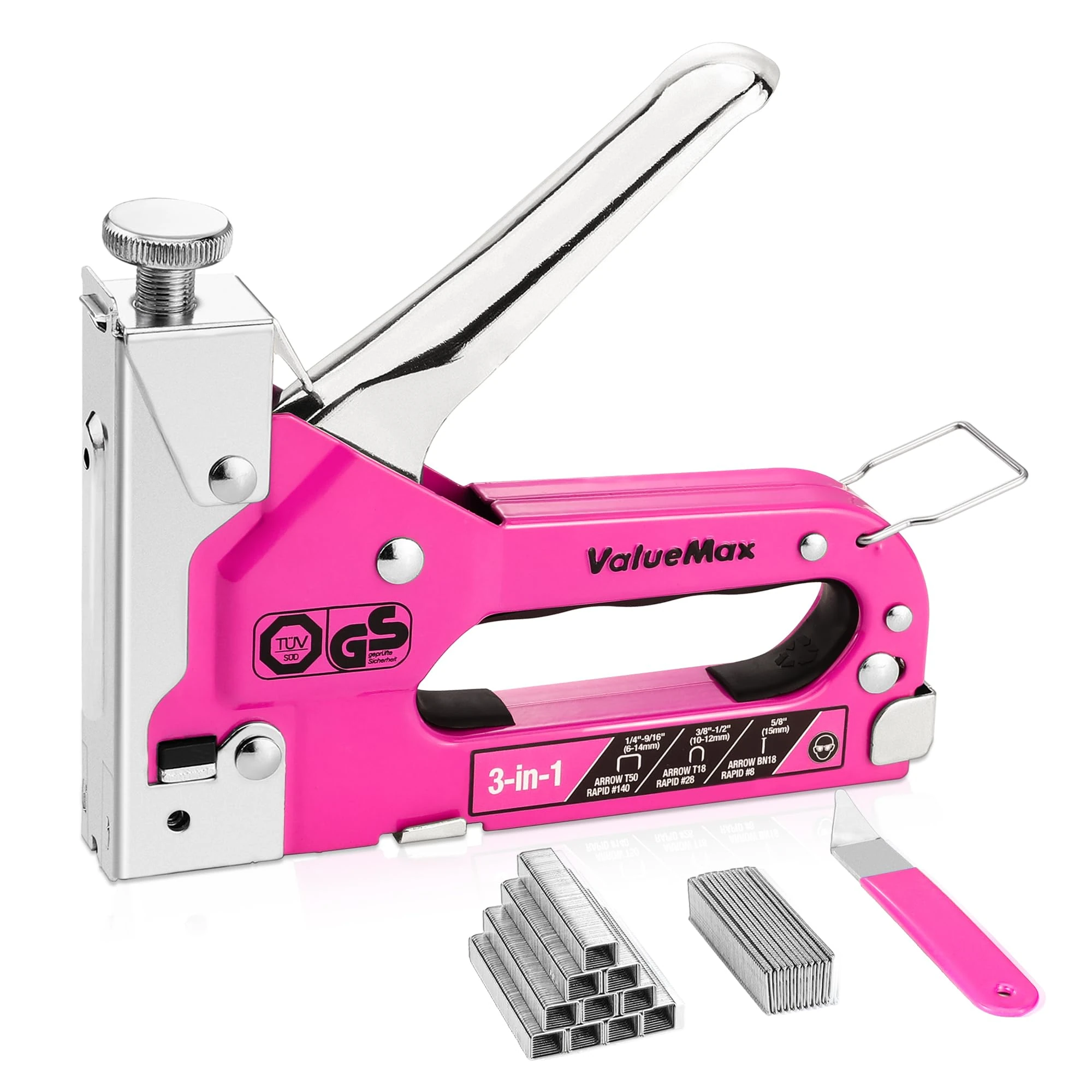 ValueMax Staple Gun 3 in 1, Heavy Duty Stapler with 2000 Staples (Type 140/28/8), TÜV GS Tested Professional Tackers, Adjustable Force Upholstery Staple Gun for Decoration, Carpentry, DIY, Pink