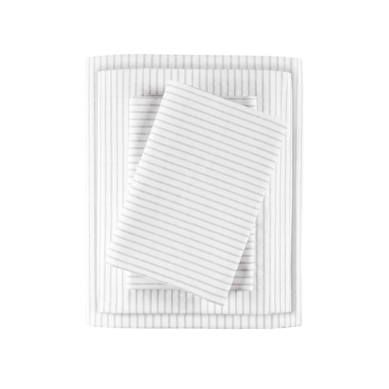 Madison Park Essentials 100% Cotton Sheets, Breathable&Soft Cotton Bed Sheets, Printed Design, Elastic Pocket Cotton Sheet Set Fits Up to 17" Mattress, All Season, Queen Gray Stripes 4 Piece