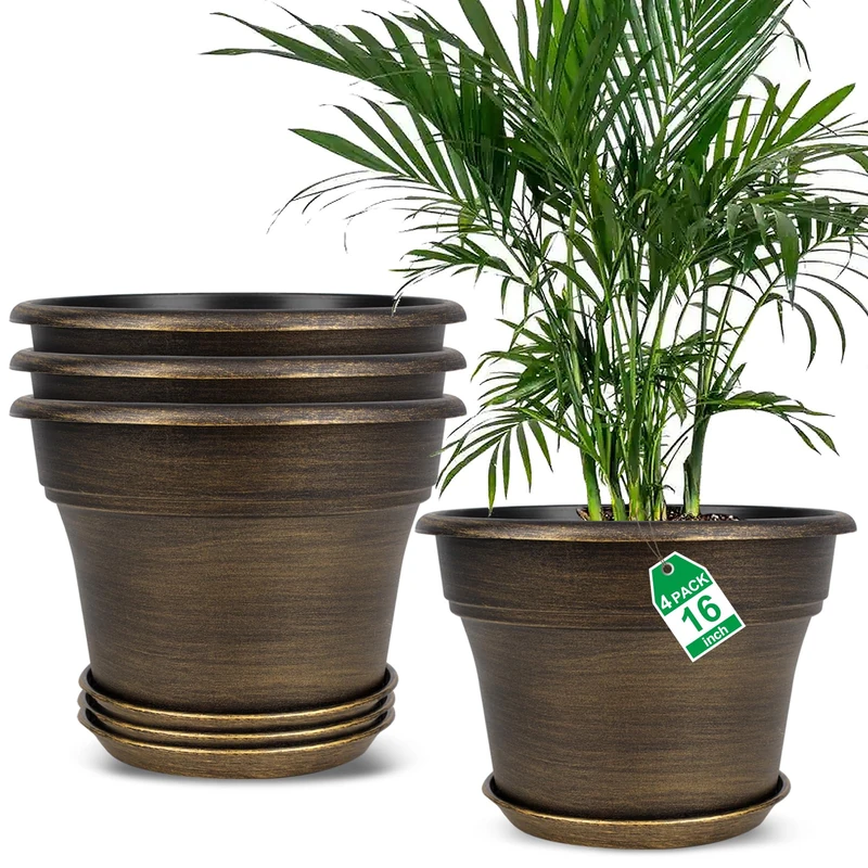 Plant Planters Pots Set of 4 Pack 16 Inch，Large Plastic Flower Pot for Indoor Plants with Drainage Holes & Trays, Resin Decorative Container Sets with Saucer for House Outdoor Garden Plant Dark Gold