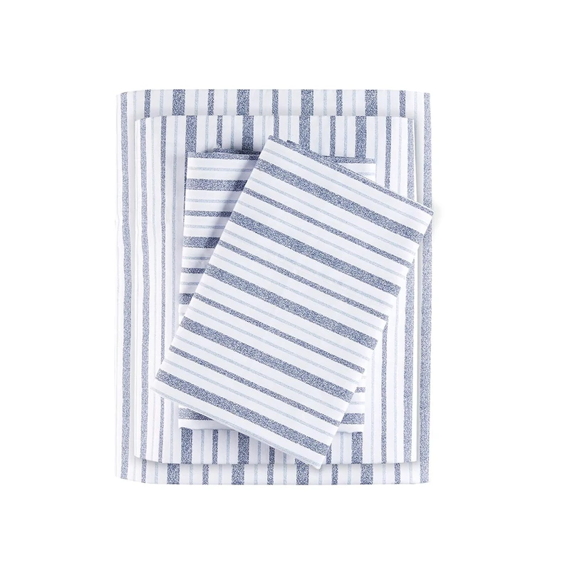 Madison Park Essentials 100% Cotton Sheets, Breathable&Soft Cotton Bed Sheets, Printed Design, Elastic Pocket Cotton Sheet Set Fits Up to 17" Mattress, All Season, Queen Blue Stripes 4 Piece