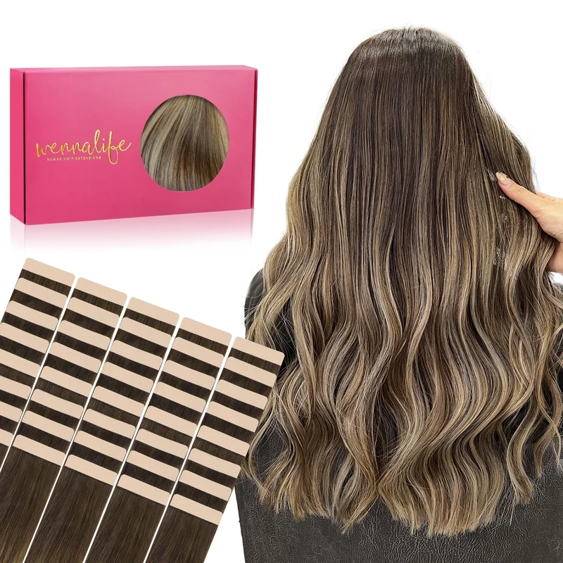WENNALIFE Tape in Hair Extensions Human Hair, 18inch 40pcs 98 Balayage Chocolate Brown to Honey Blonde Real Human Hair Tape Extensions