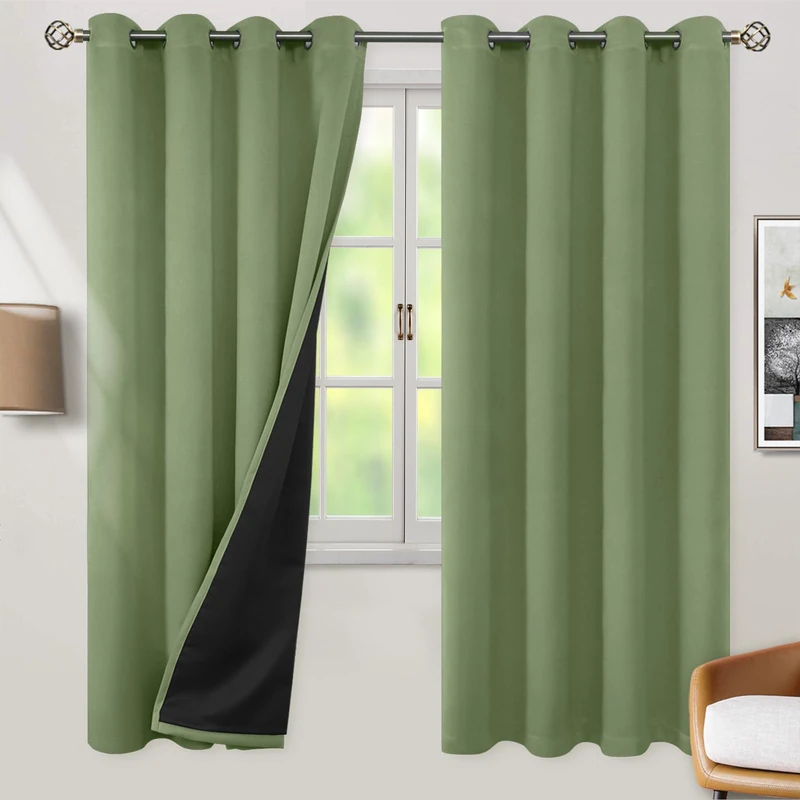 BGment Thermal Insulated 100% Blackout Curtains for Bedroom with Black Liner, Double Layer Full Room Darkening Noise Reducing Grommet Curtain (52 x 72 Inch, Grass Green, 2 Panels)