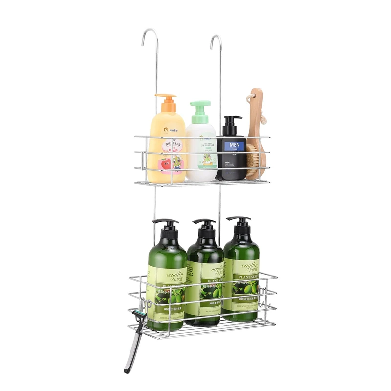 Seltomer Hanging Shower Caddy Bathroom Shower Rack Shampoo Bracket Rotatable Hook Bar with 2 Suction Cups & 2 Removable Hooks, Rustproof(Double)