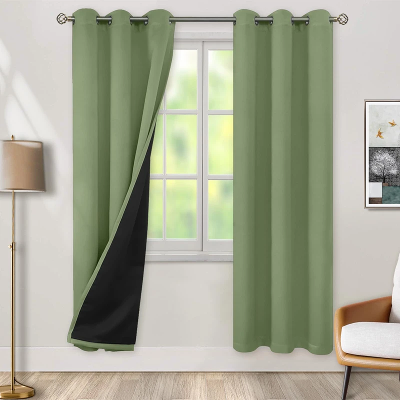 BGment Thermal Insulated 100% Blackout Curtains for Bedroom with Black Liner, Double Layer Full Room Darkening Noise Reducing Grommet Curtain (42 x 84 Inch, Grass Green, 2 Panels)