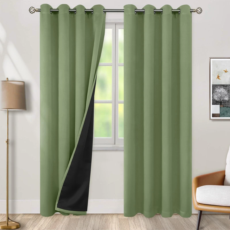 BGment Thermal Insulated 100% Blackout Curtains for Bedroom with Black Liner, Double Layer Full Room Darkening Noise Reducing Grommet Curtain (52 x 90 Inch, Grass Green, 2 Panels)