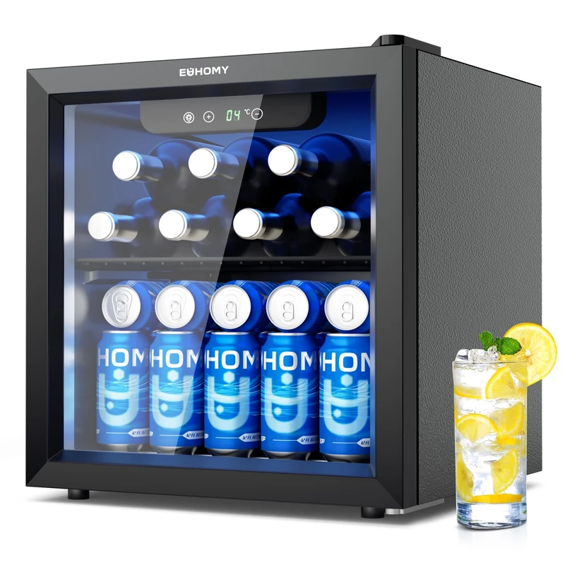 EUHOMY Beer Fridge with Glass Door, Mini Drinks Fridge 55 Can, Wine Fridge with Blue LED, Beverage Refrigerators, Removable Shelves for Bar/Home/Office/Dorm, Black, 36 L [Energy Class G]