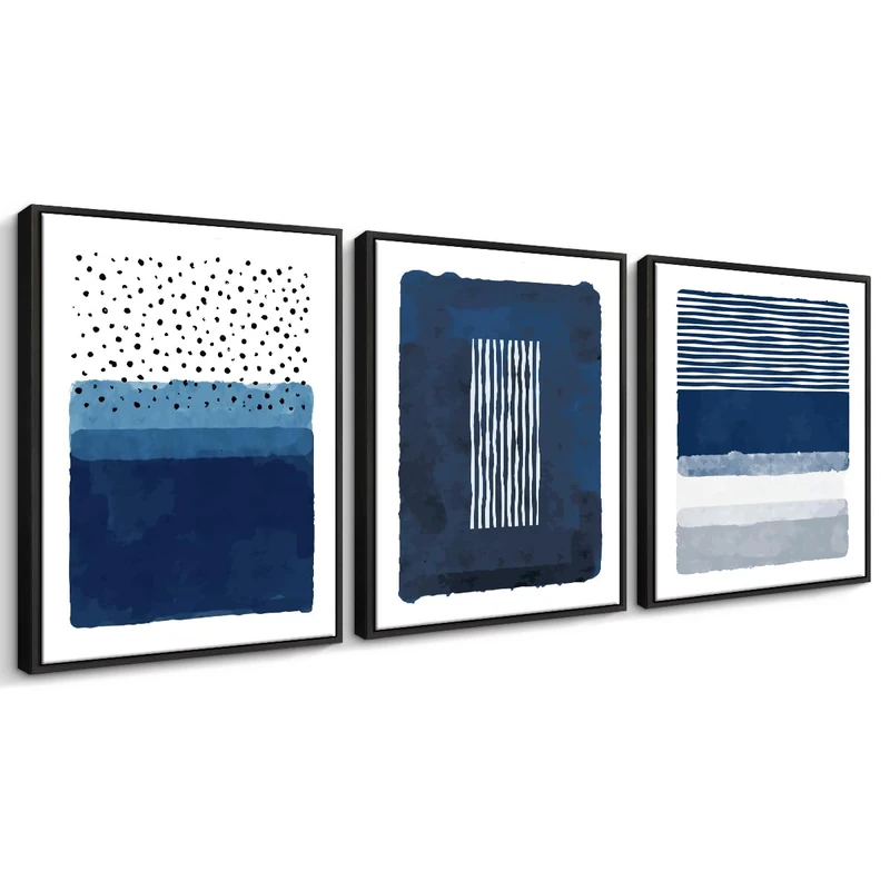 Creoate Framed Wall Art, 3 Pieces Abstract Blue and White Painting Wall Art for Living Room Decor Framed Canvas Print Artwork Set for Bedroom Bathroom Decor, Ready to Hang (Black Framed)