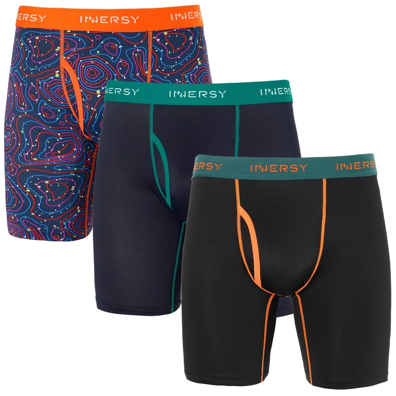 INNERSY Long Leg Boxers for Men Anti Chafing Underwear Pants Sports Underpants with Fly 3 Pack (XL, Black/Deep Blue/Pattern)