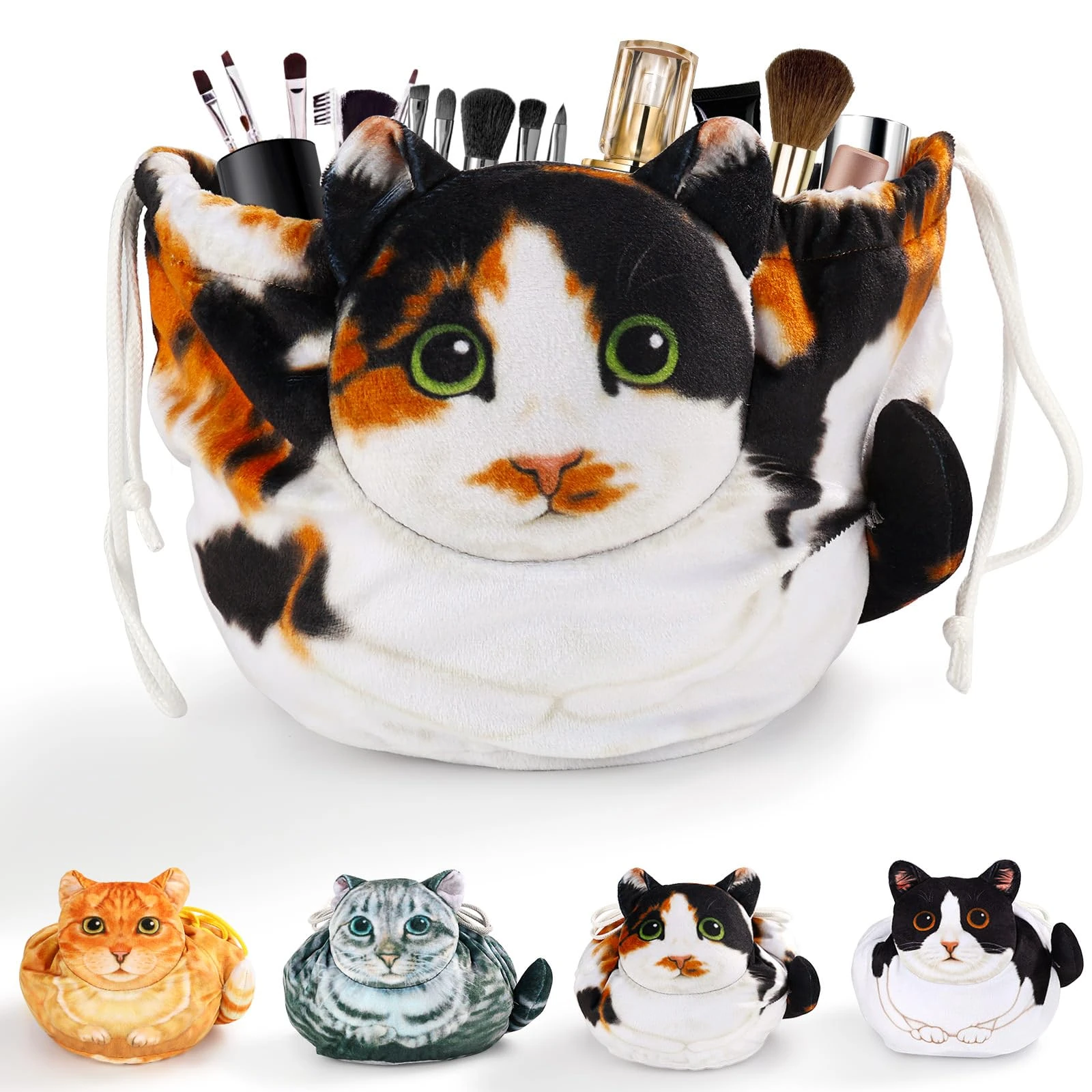 Cat Drawstring Makeup Bag,Flat Lay Make Up Bag,Portable Travel Cosmetic Bag Storage Organiser,Bag for Purse,Cat Gifts for Women/Girls/Cat Lovers
