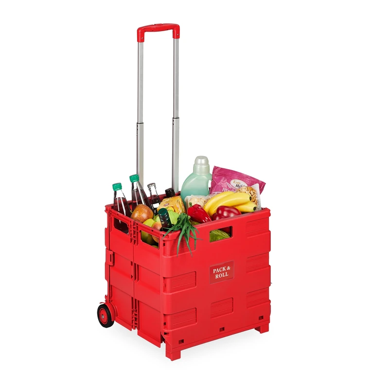 Relaxdays Trolley, Foldable, Up to 35 kg, 50 L, with Telescopic Handle, Shopping Transport Cart, Red, 98 x 45.5 x 37 cm