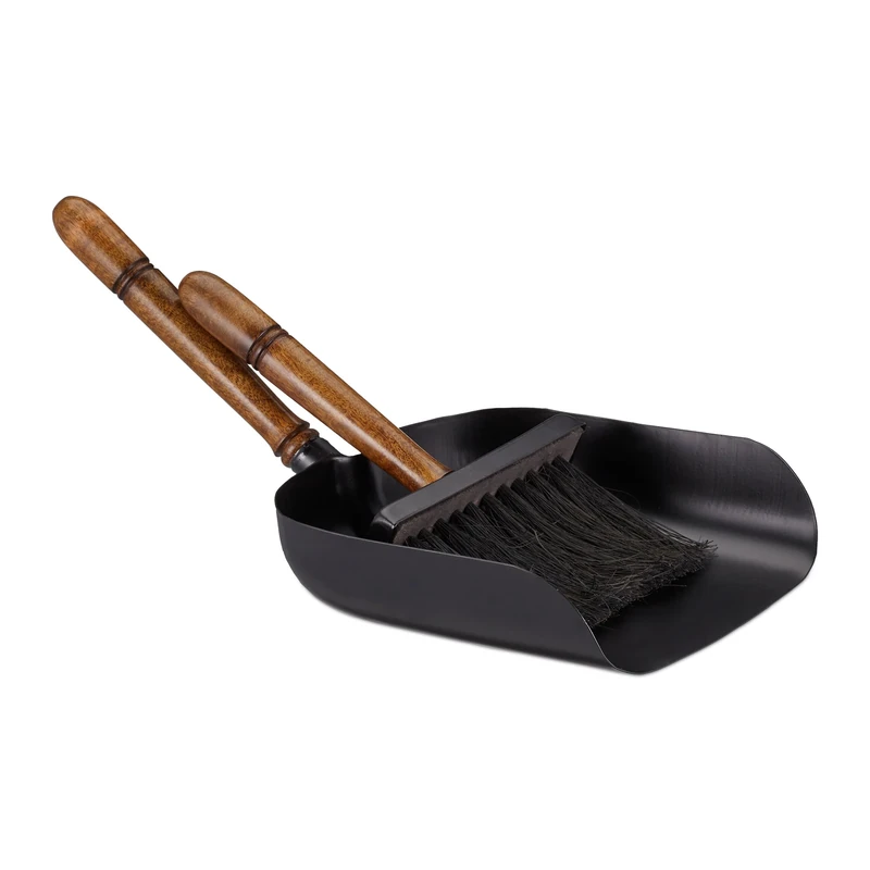 Relaxdays Sweeping Fireplace, Iron Dustpan & Hand Brush, Wooden Handle, Jute Bristles, Chimney Set, Black/Brown, 15 x 21 x 39 cm
