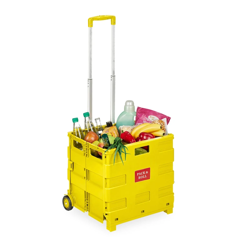 Relaxdays Trolley, Foldable, Up to 35 kg, 50 L, with Telescopic Handle, Shopping Transport Cart, Yellow, 98 x 45.5 x 37 cm