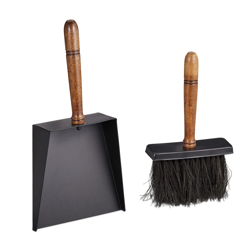 Relaxdays Fireplace Sweeping, Big Iron Dustpan & Hand Brush, Wooden Handle, Jute Bristles, Chimney Set, Black/Brown, Wood, 8 x 18 x 35.5 cm