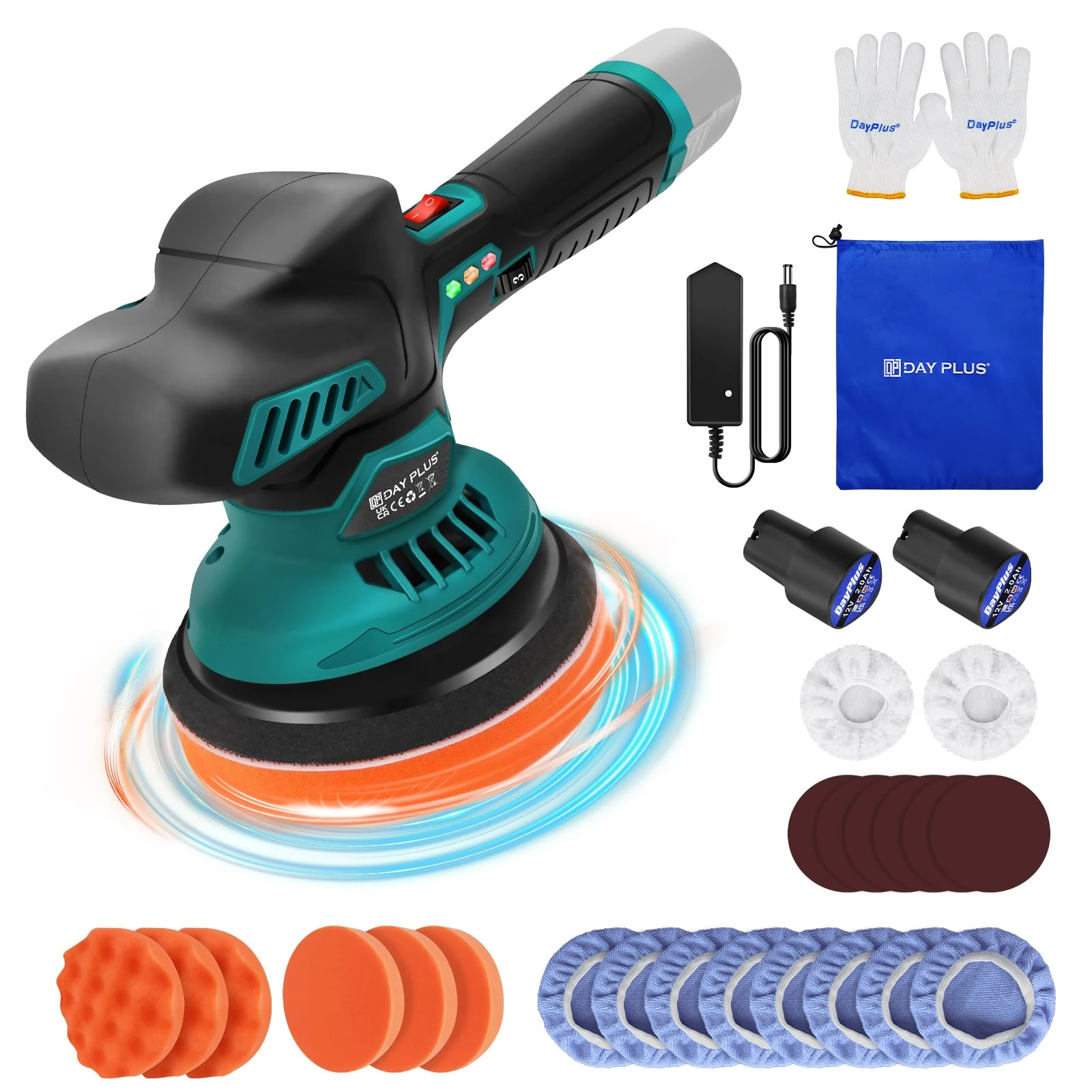 Cordless Car Polisher Kit with 2PCS 12V 2.0Ah Battery,2800-5500 RPM,6-Speed DA Polisher Kit,125mm Base for Auto Detailing,Furniture,Sanding (Includes Sponge Pads,Polished Caps,Wool Caps,Sandpapers)