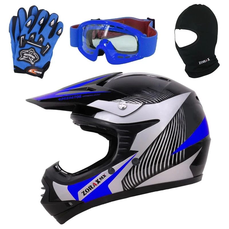 Zorax ZOR-X19 Blue XS (48-49cm) PREDATOR Kids Motorbike Motocross MX Helmet ECE 2206 & Gloves S(5cm) & Goggles & Balaclava
