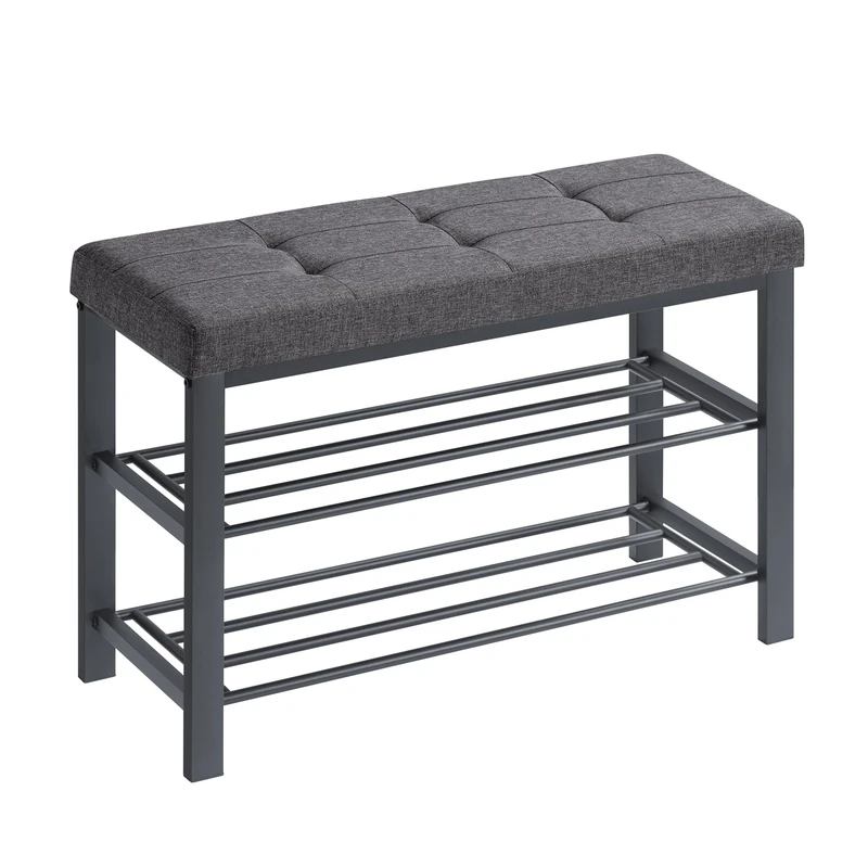 SONGMICS Shoe Bench, 3-Tier Shoe Rack for Entryway, Storage Organiser with Foam Padded Seat, Linen, Metal Frame, for Living Room, Hallway, 31 x 81 x 49 cm, Dark Grey and Black LBS057B01
