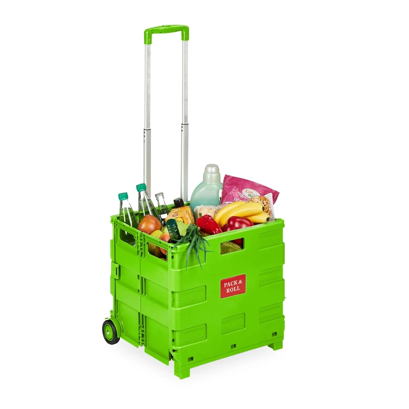 Relaxdays Trolley, Foldable, Up to 35 kg, 50 L, with Telescopic Handle, Shopping Transport Cart, Green, 98 x 45.5 x 37 cm