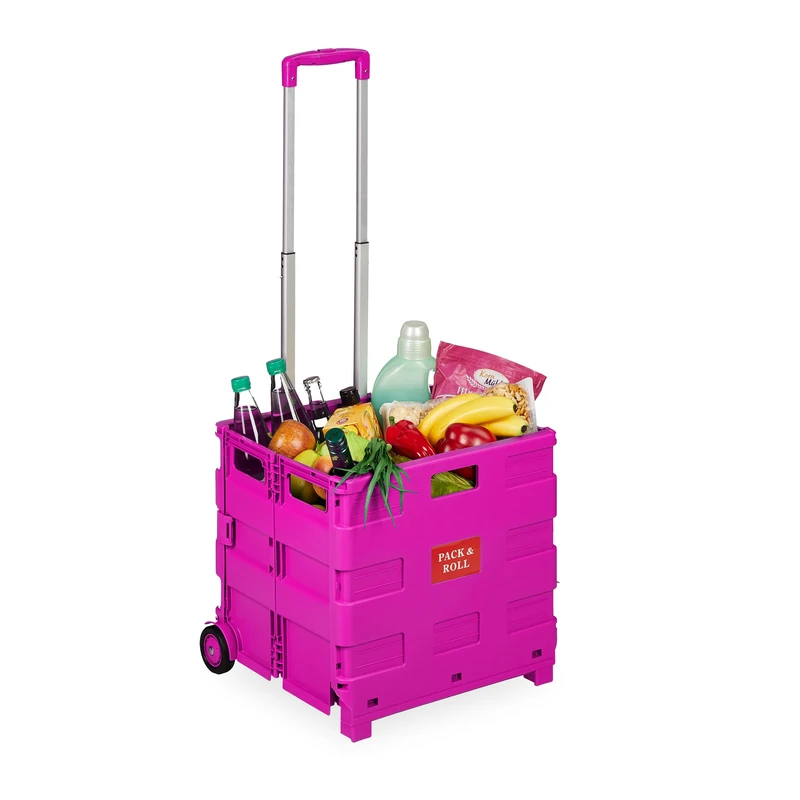 Relaxdays Trolley, Foldable, Up to 35 kg, 50 L, with Telescopic Handle, Shopping Transport Cart, Pink, 98 x 45.5 x 37 cm