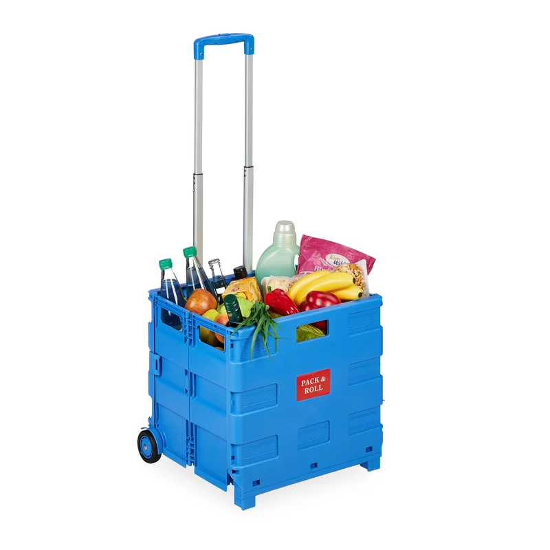 Relaxdays Trolley, Foldable, Up to 35 kg, 50 L, with Telescopic Handle, Shopping Transport Cart, Blue, 98 x 45.5 x 37 cm