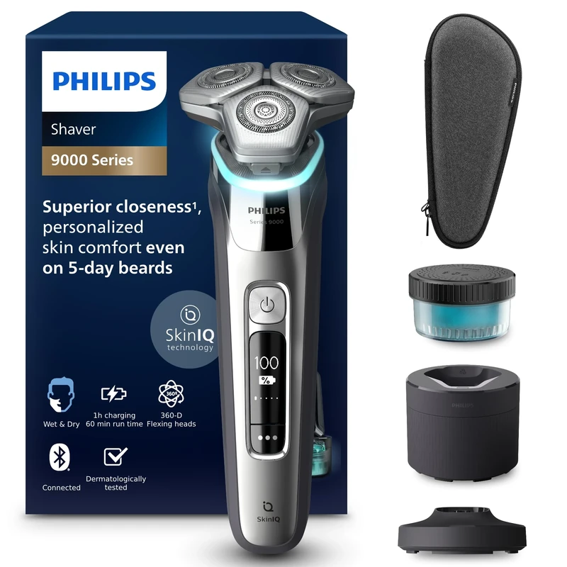 Philips Shaver Series 9000 - Wet and Dry Electric Shaver for Men, SkinIQ Technology, Pop-up Beard Trimmer, Cleaning Pod, Charging Stand and Travel Case (Model S9974/55) EU Plug