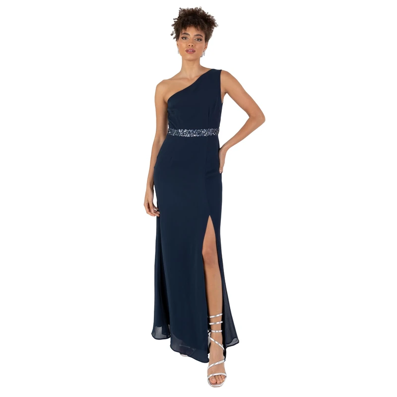 Anaya with Love Women's Ladies Maxi Dress One Shoulder Sleeveless Sequin Embellished Split Slit A-line for Evening Party Prom Ball Gown Navy Blue 16
