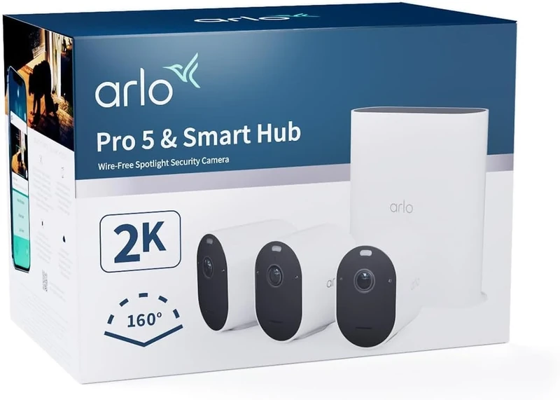 Arlo Pro 5 Security Camera Wireless with Smarthub, 2K HDR Video, Battery Operated, Colour Night Vision, Dual Band WiFi, 2-Way Audio, Local Storage, Arlo Secure Trial Included, 3 Cameras, White