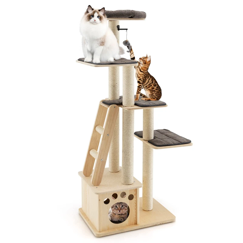 GYMAX Wooden Cat Tree, Multi Tier Cat Play Tower with Platform, Perch, Ladder, Condo, Scratching Posts, Toy Balls & Removable Cushion, Kitten Activity Center for Playing, Sleeping