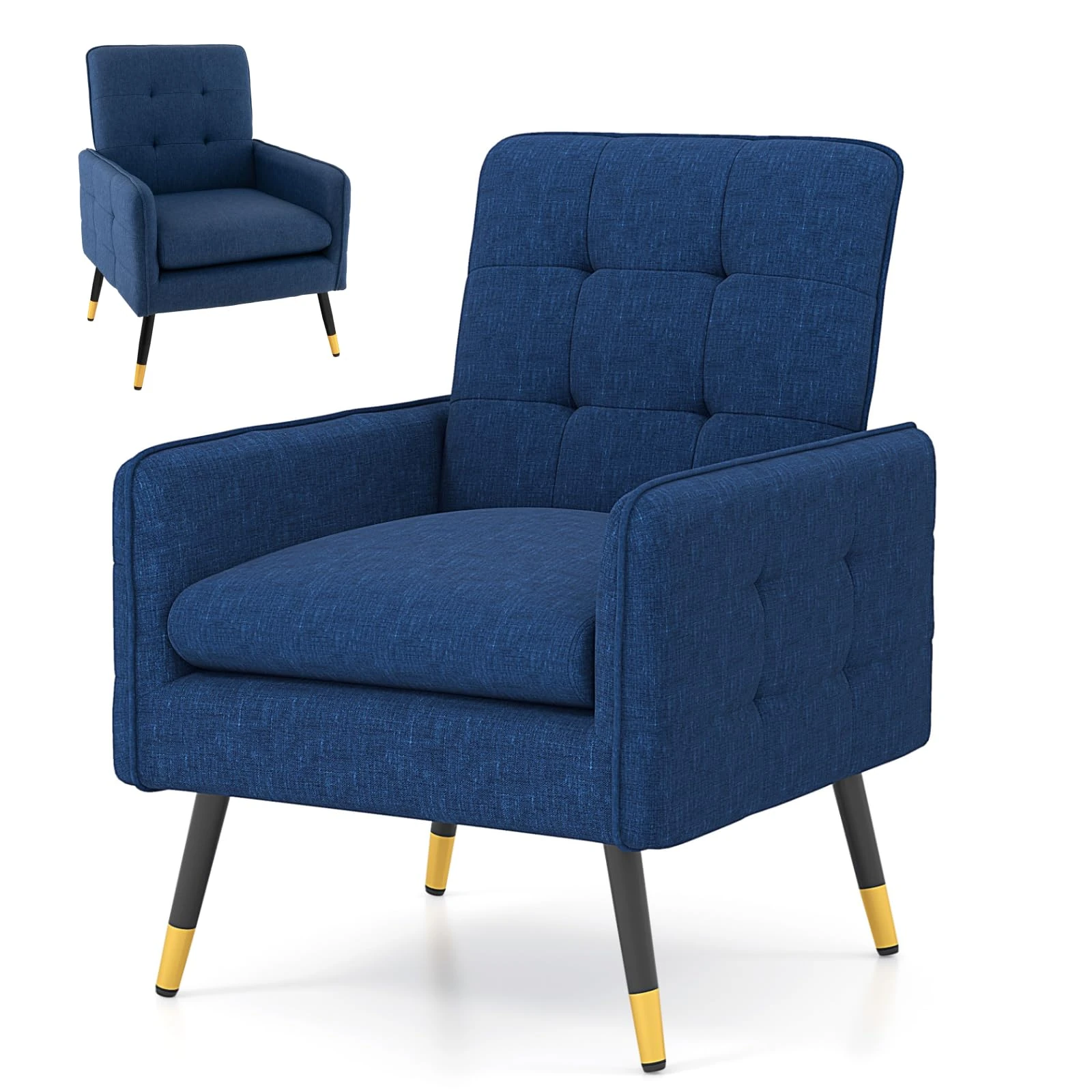 Multigot Modern Accent Armchair, Upholstered Linen Fabric Leisure Chair with Solid Metal Legs and Adjustable Foot Pads, Resting Single Sofa Chair for Living Room Bedroom Office (Blue)