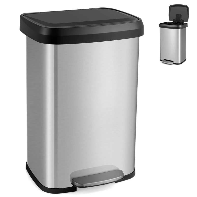 GiantexUK 50L/68L Recycling Pedal Bin, Stainless Steel Rectangular Trash Bin with Silent Soft Close Lid & Pedal, Fingerprint-Proof Recycle Dustbin for Home Kitchen(50L with Deodorant Box, Silver)