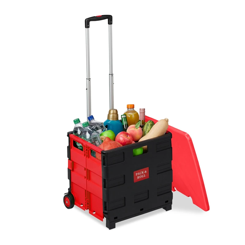 Relaxdays Trolley, Foldable, Up to 35 kg, 50 L, with Telescopic Handle & Lid, Shopping Transport, Red/Black, 99 x 45.5 x 37.5 cm