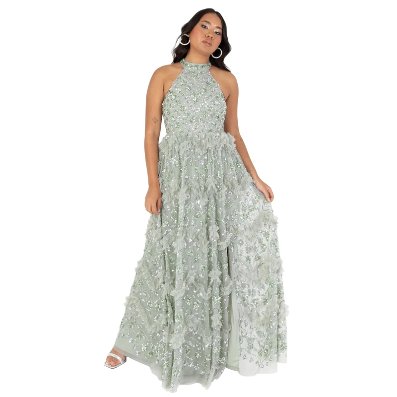 Maya Deluxe Women's Maxi Dress Ladies Halterneck Sleeveless Sage Sequin Embellished Ruffles Split Slit A-line Evening Ball Gown Green Lily 18