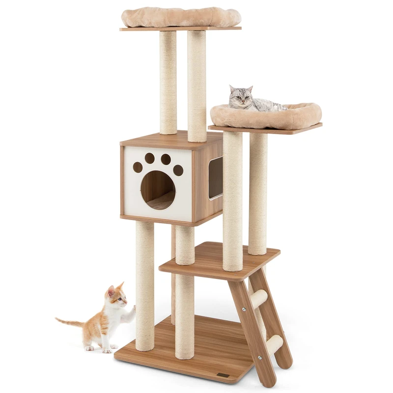 GYMAX Wooden Cat Tree, Indoor Plush Cat Tower with 2-Door Condo, Dual Perch, Full Sisal Posts and Ladder, Tall Kitten Activity Center for Climbing, Scratching, Sleeping（59 x 59 x 157 cm）