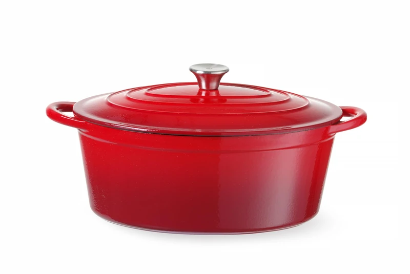 HENDI Cast iron pot, with lid, for all heat sources (incl. induction), boiling-braising-roasting, ovenproof, 6.88L, 405x255x(H)134mm, enamelled cast iron, red