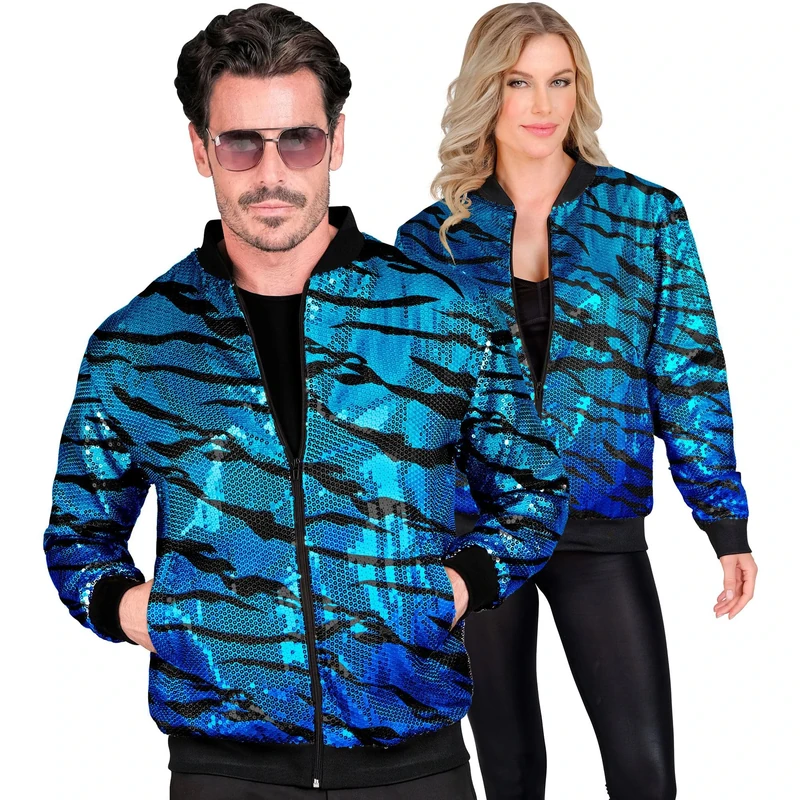 Widmann - Party Fashion Bomber Jacket, Blue Waves, Sequin Jacket, Vest, Party Outfit, Disco