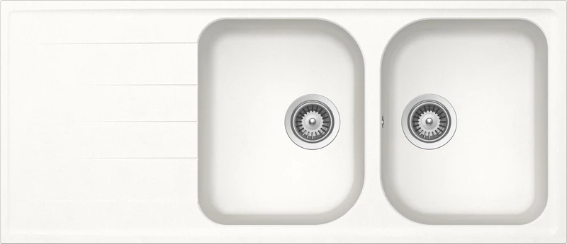 SCHOCK | Lithos 2 Bowl Kitchen Sink with Drip Tray, Reversible Bath, Cristalite® Material, Absolute White, 1160 x 500 mm