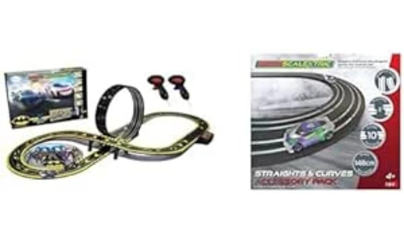 Micro Scalextric Sets for Kids Age 4+ - Batman vs Joker Set, Battery Powered Electric Racing Track Set, Slot Car Race Tracks - Includes 1x Race Set & 1x Track Extension Pack - Straights & Curves