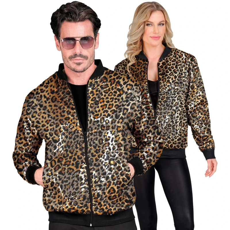 Widmann - Party Fashion Bomber Jacket, Leopard Pattern, Sequin Jacket, Vest, Party Outfit, Disco, Animal Print