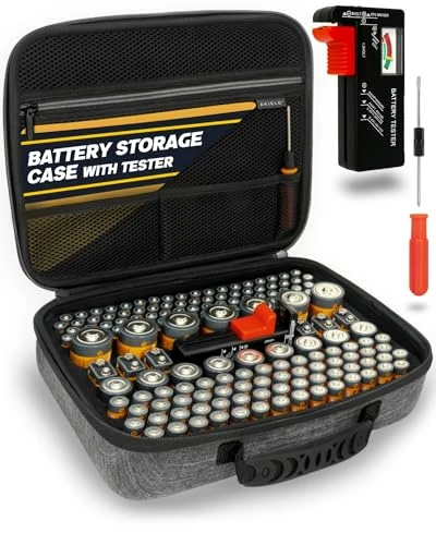 AKIELO+ Battery Storage Case (Max Edition – Holds 150+) with Battery Tester and Screwdriver Included – Clutter-Free Battery Organiser Storage Case Holder – Batteries AAA AA C D 9V (Not Included)