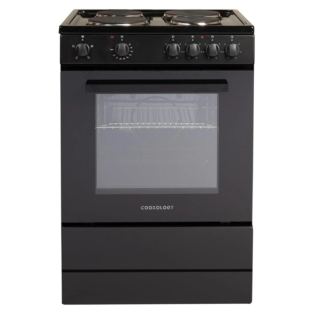 Cookology CFSP600BK/1 Freestanding Electric Single Cooker in Black - Solid Plate Top - 68 Litre Capacity - 60cm Wide - 4 Cooking Zone Hob - Analogue Dials