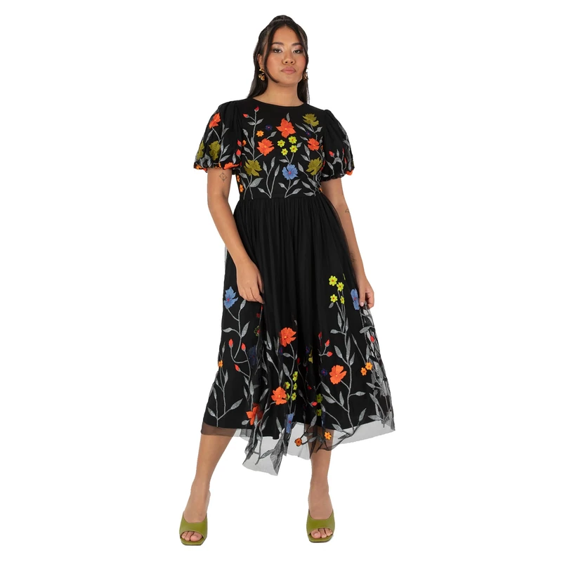 Maya Deluxe Women's Women's Ladies Midi Dress Black Short Puff Sleeves Round Neck Floral Embroidered Open Back Tie A-line Occasion Evening Dress, Black,